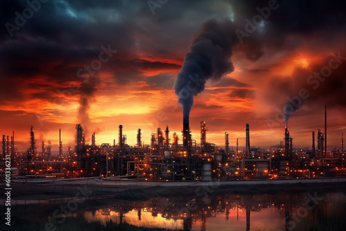 Oil refinery at sunset, depicting the industrial landscape and the interplay of light and shadow. The artwork conveys the beauty and the environmental impact of the oil and gas industry. Ai generated