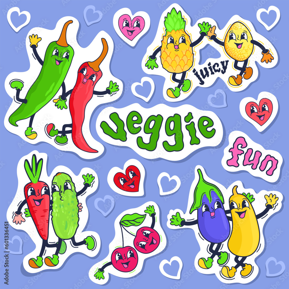 Obraz premium Veggie and fun. Retro vector collection of vegetable and fruit stickers with smiling faces and gloved hands. Hot peppers, pineapple and lemon, carrot and cucumber, cherries, eggplant and zucchini.