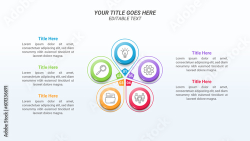 Infographics Diagram with 5 Steps and Business Icon on a 16:9 Ratio Layout for Business Presentations, Goals, Reports, and Website Design.