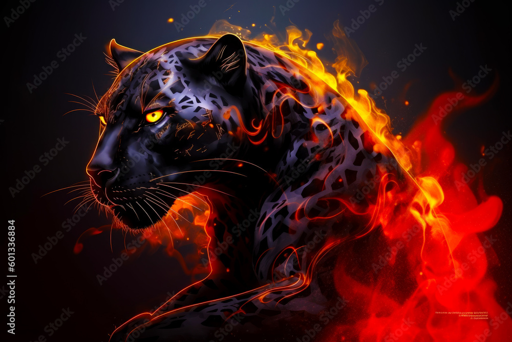 Image of black leopard with yellow eyes and red and yellow flames. Generative AI.
