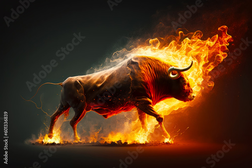 Bull that is on fire with it's head in the air. Generative AI. © valentyn640