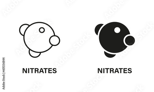 Nitrite Ingredient Line and Silhouette Icon Set. Organic Nutrition Black Pictogram. Molecular Nitrates Additives Symbol Collection on White Background. Isolated Vector Illustration