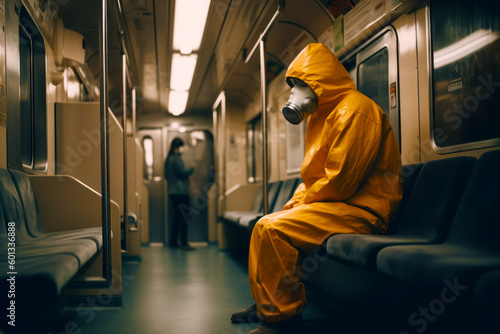 Man in gas mask and yellow rain suit sitting on train. Generative AI. © valentyn640