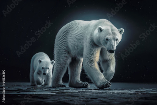 Mama osa y bebe oso polar andando en la oscuridad  Ilustracion de IA generativa