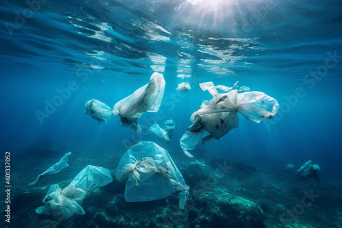 Impact of plastic pollution on the oceans, featuring plastic bags floating in the water and polluting the marine environment. Ai generated © twindesigner