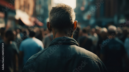 Man with pair of sunglasses on his head in crowd of people. Generative AI.