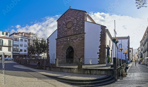 Panoramic view at the front facade at the Cathedral of Our Lady of the Assumption , or Sé Catedral de Nossa Senhora da Assunção, Funchal, Madeira, Portugal
