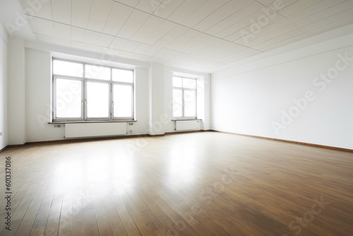 Empty room with hard wood flooring and radiator in the corner. Generative AI.