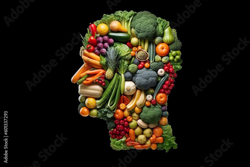 diagram of vegetarian human head of vegetables and fruits. Poster vegetarianism and healthy eating on black background. Generative AI illustration