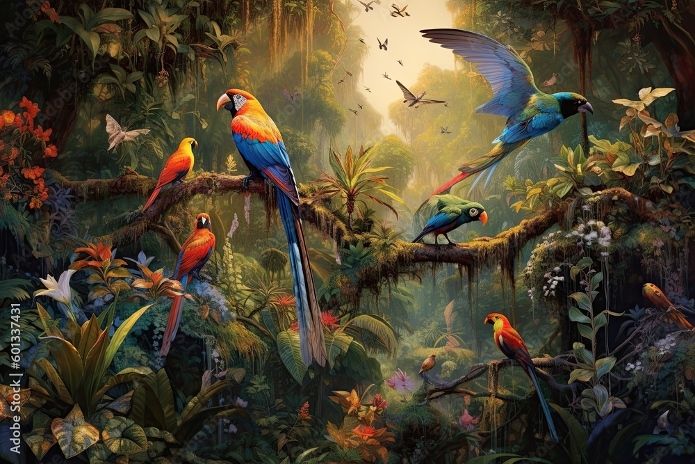 A colorful image of several parrots in the jungle (Generative AI, Generativ, KI) A colorful image of several parrots in the jungle (Generative AI, Generativ, KI)