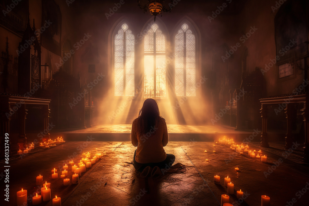 Person on their knees, praying in a gothic church with candles. The artwork depicts the spiritual and mystical experience of connecting with the divine. Ai generated