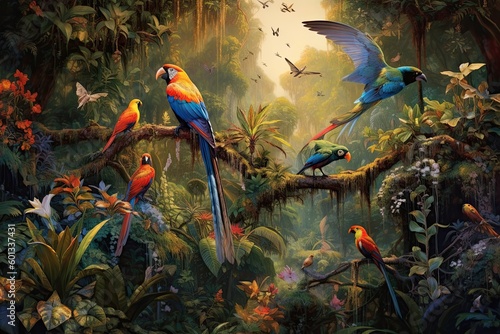 A colorful image of several parrots in the jungle (Generative AI, Generativ, KI) © Teppi