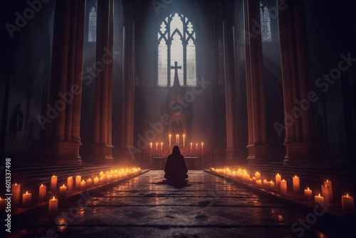 Person on their knees  praying in a gothic church with candles. The artwork depicts the spiritual and mystical experience of connecting with the divine. Ai generated