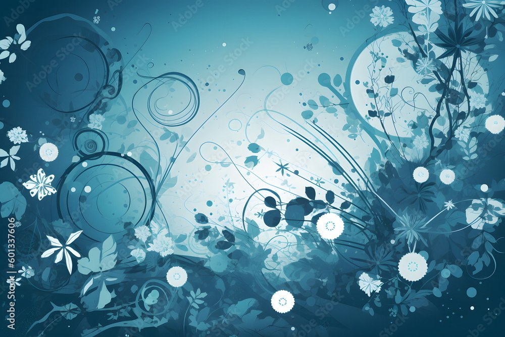 Blue and white floral background with swirls and flowers on blue background. Generative AI.