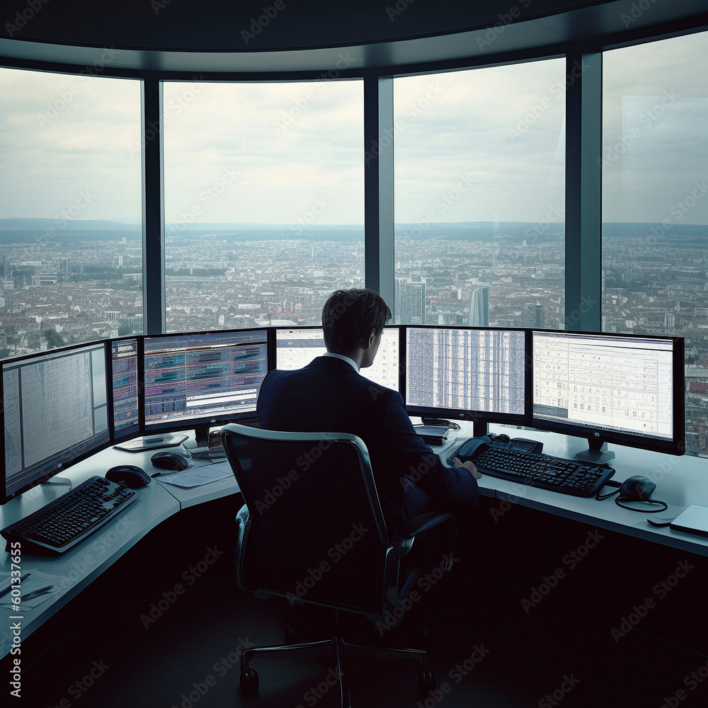 trader in front of monitors in a skyscraper overlooking the city. High quality Generative AI