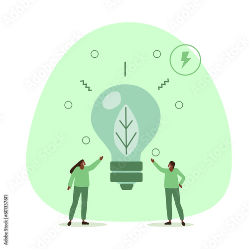 Vector illustration of people holding a light bulb. Call for clean energy.
