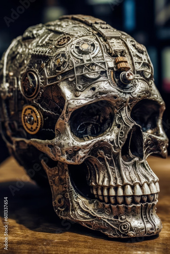 Close up of metal skull with gears on it's face. Generative AI.