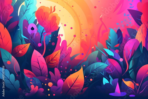 Image of colorful flowers and leaves on blue and pink background with sun in the background. Generative AI. © valentyn640
