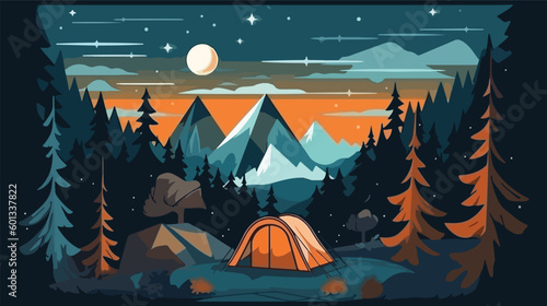 illustration of Camping Evening Scene. Tent, Campfire, Pine forest and rocky mountains background, starry night sky with moonlight