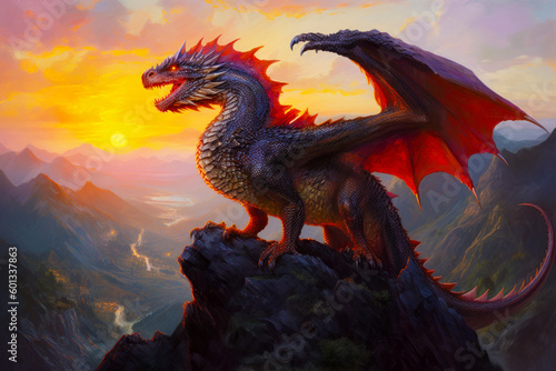 Image of dragon sitting on top of mountain with sunset in the background. Generative AI.