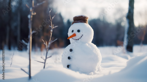 Snowman with carrot in it's mouth in the snow. Generative AI.