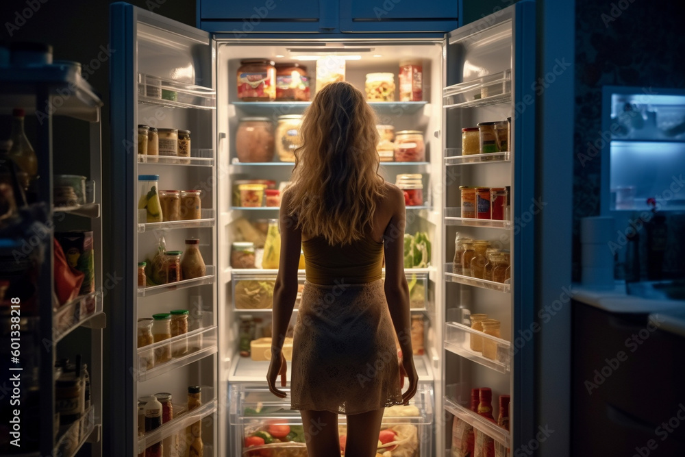 Woman standing in front of an open fridge, looking for a midnight snack. The artwork highlights the temptation of convenience and the struggle with hunger and self-control. Ai generated Woman standing in front of an open fridge, looking for a midnight snack. The artwork highlights the temptation of convenience and the struggle with hunger and self-control. Ai generated