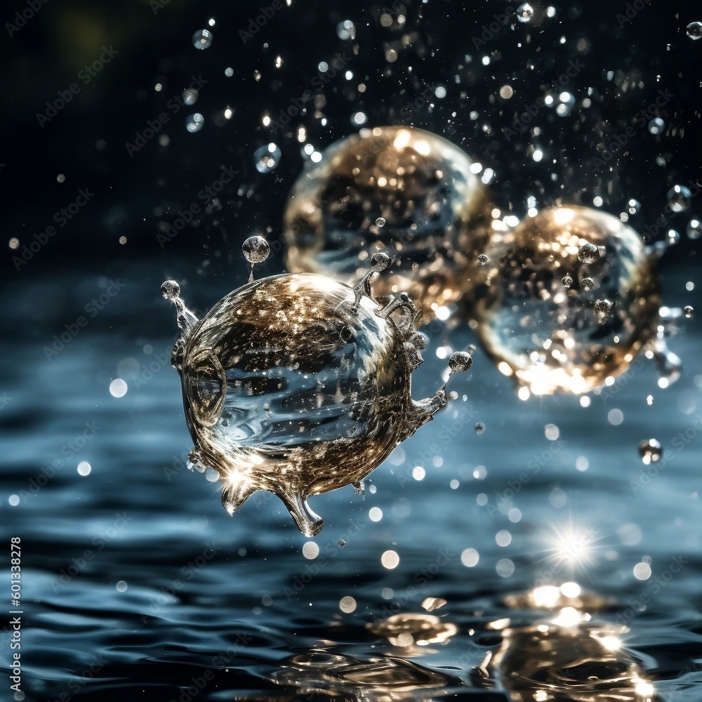 Balls of Water Suspended in Air with Ripples. Generative AI