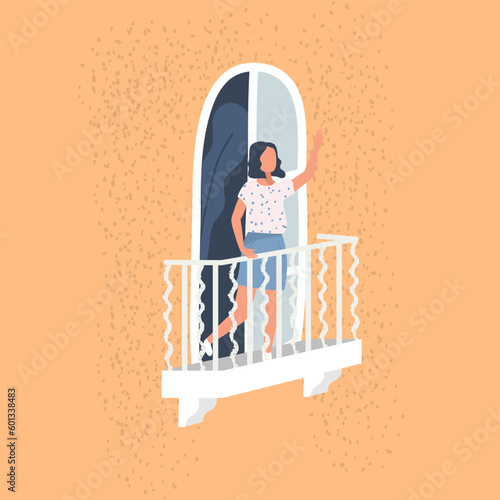 Woman waving hand stand on balcony vector