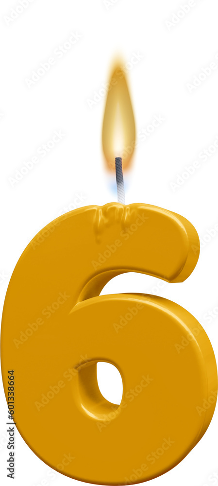 3D Render Number Six 6 Birthday Candle With Fire Flame For Cake Decoration Element 3D Render Number Six 6 Birthday Candle With Fire Flame For Cake Decoration Element