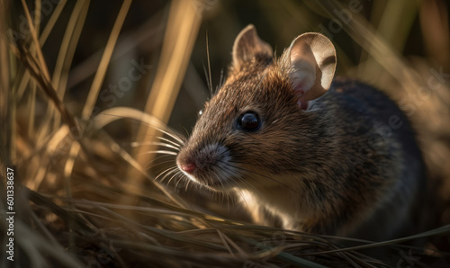 Tiny Explorer: Photo of house mouse, captured in a moment of stillness amidst a patch of tall grass. lighting illuminating its soft fur and delicate features. Generative AI