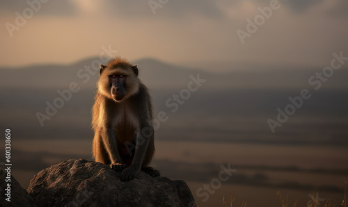Majestic hamadryas (sacred baboon) perched on a rocky outcrop, overlooking a vast African savannah landscape. Its piercing gaze and powerful stance exude dominance and strength. Generative AI