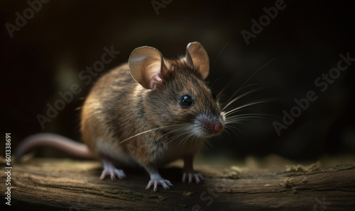 close up photo of house mouse on dark background. Generative AI