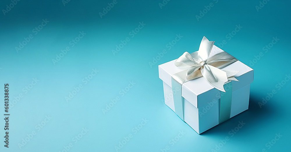 Obraz premium White Gift box on blue background. Copy space. Generative AI