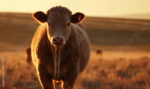 sunset photo of heifer bovine on blurry background of its natural habitat. Generative AI