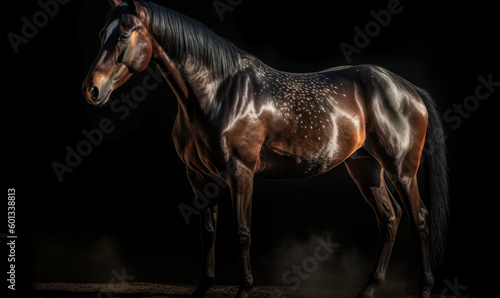 photo of Hackney show horse on black background. Generative AI