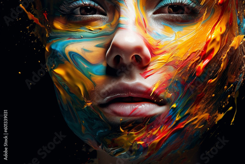 Beautiful woman s face made of oil paint  showcasing a unique and artistic creative approach to beauty. Ai generated