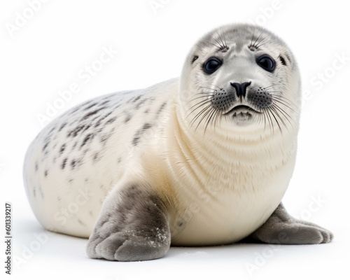 photo of harp seal isolated on white background. Generative AI © Bartek