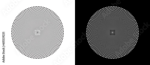 Abstract vector background. Halftone dots in circle form. Black shape on a white background and the same white shape on the black side.