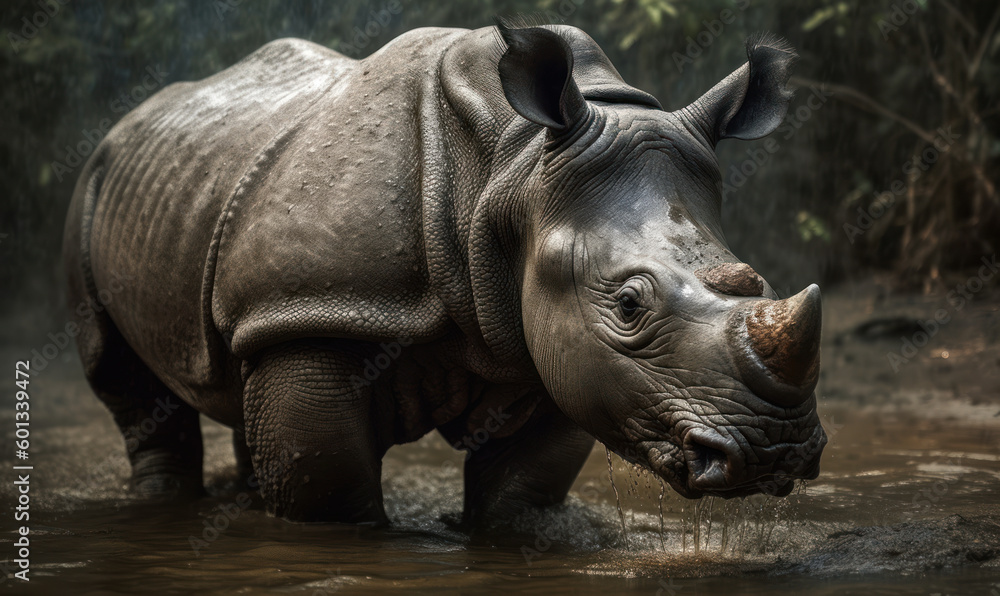 photo of Indian rhinoceros standing in water in its natural habitat. Generative AI photo of Indian rhinoceros standing in water in its natural habitat. Generative AI