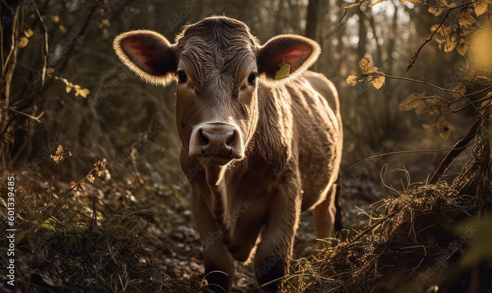 photo of heifer bovine standing on a forest path. Generative AI photo of heifer bovine standing on a forest path. Generative AI