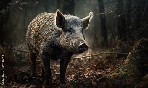 photo of hog standing on a forest path. Generative AI