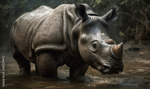 photo of Indian rhinoceros standing in water in its natural habitat. Generative AI