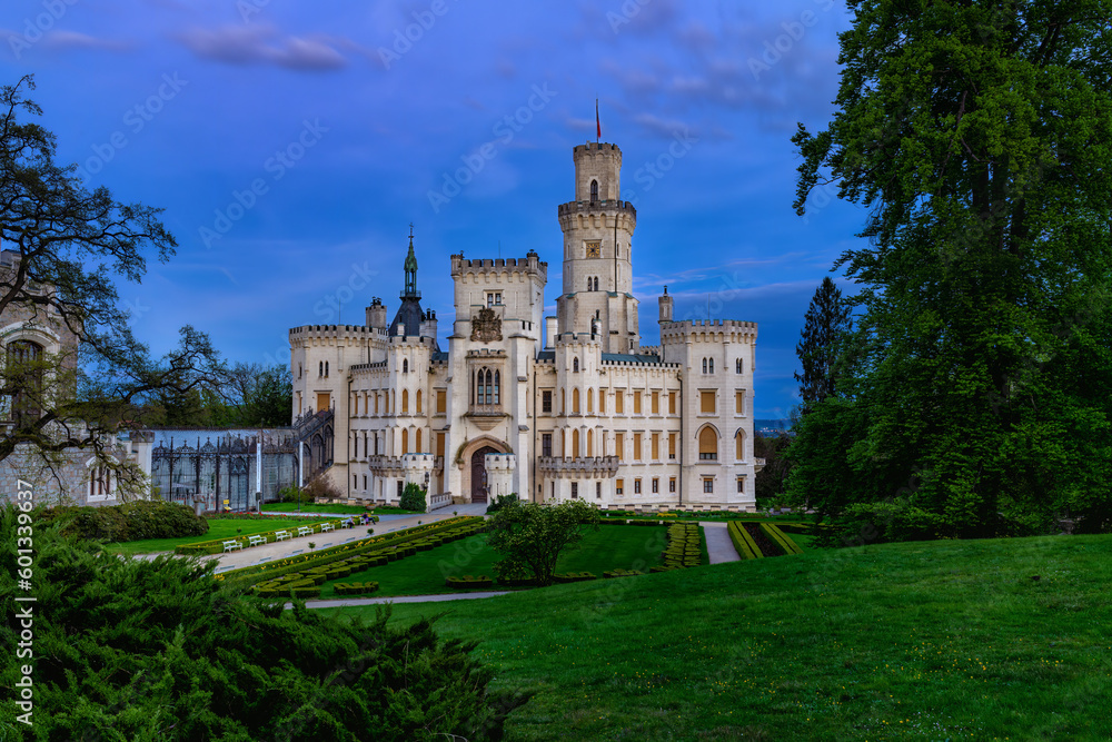 Night Chateau Hluboka nad Vltavou - a neo-Gothic jewel in South Bohemia - the chateau is located near the town of Ceske Budejovice (Budweis) - Czech Republic, Europe