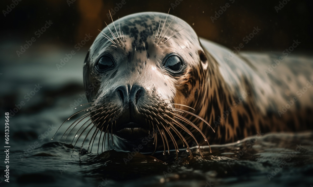 close up photo of harbour seal with blurry natural background. Generative AI