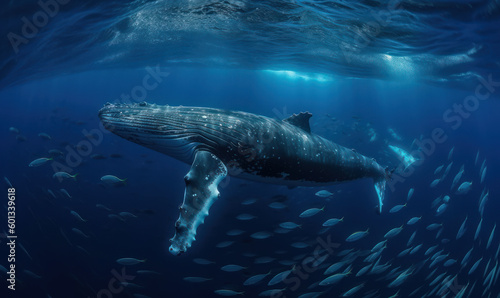 Photo of humpback whale, majestic and serene, gliding through a deep, turquoise sea with a school of shimmering fish in tow that emphasizes the whale's massive size and fluid movements. Generative AI