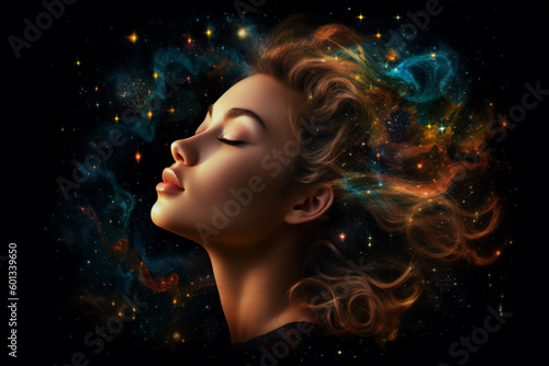 Beautiful woman's head with her eyes closed and her hair transformed into vibrant stars and galaxies, creating a dreamy and ethereal scene. Ai generated © twindesigner