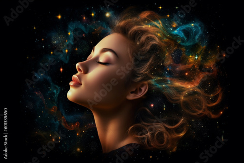 Beautiful woman's head with her eyes closed and her hair transformed into vibrant stars and galaxies, creating a dreamy and ethereal scene. Ai generated