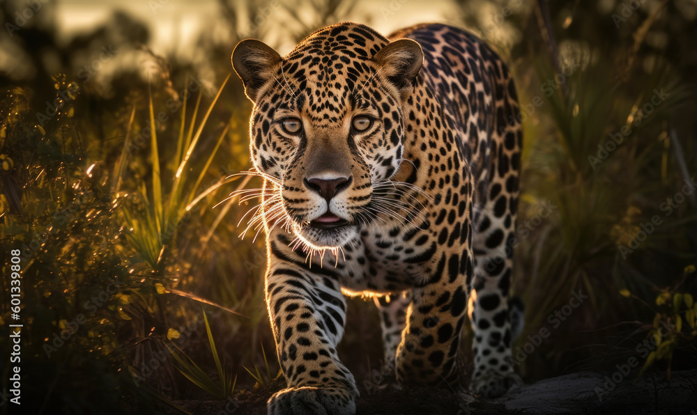 Fototapeta premium photo of jaguar running in tall grass at sunset. Generative AI