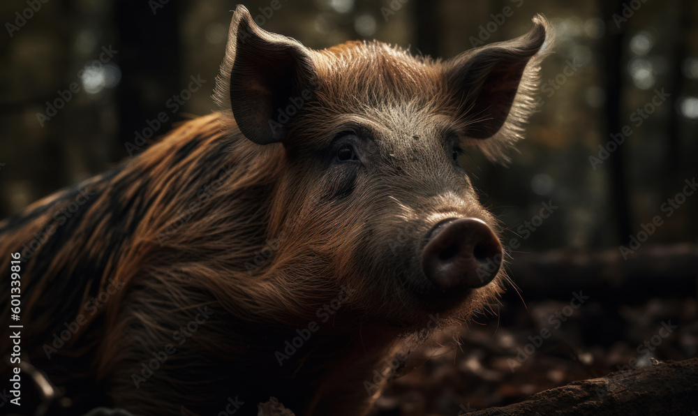 close up photo of Hampshire pig on blurry forest background. Generative AI close up photo of Hampshire pig on blurry forest background. Generative AI