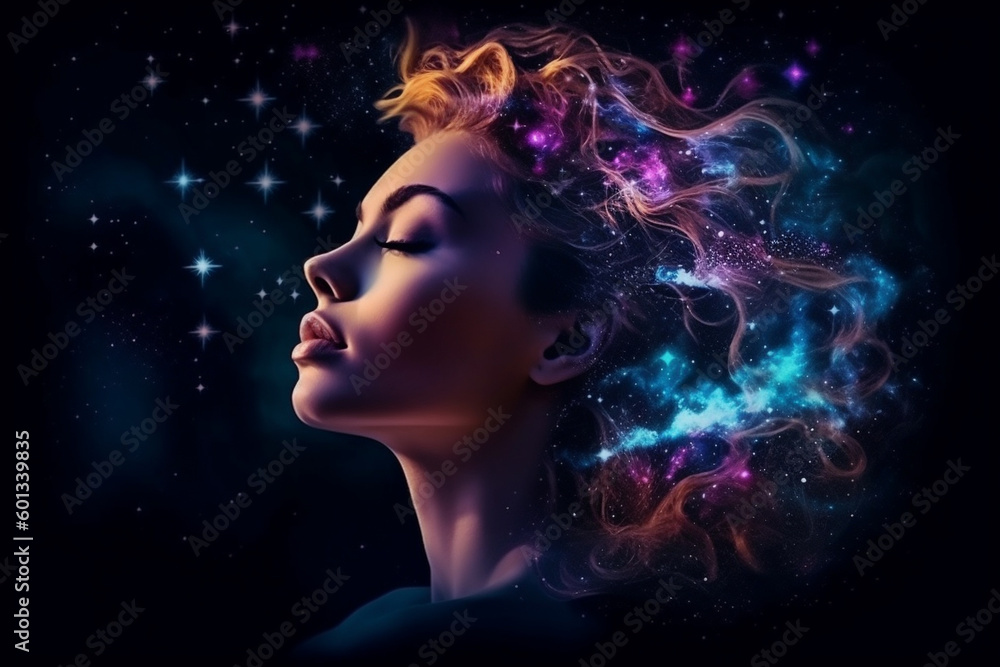 Beautiful woman's head with her eyes closed and her hair transformed into vibrant stars and galaxies, creating a dreamy and ethereal scene. Ai generated Beautiful woman's head with her eyes closed and her hair transformed into vibrant stars and galaxies, creating a dreamy and ethereal scene. Ai generated